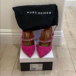 Kurt Geiger London Sued jeweled backless pumps.